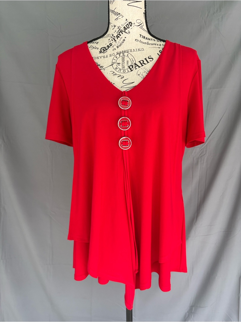 Joseph Ribkoff Red V-Neck Short Sleeve Tunic with Decorative Buttons Sz 10